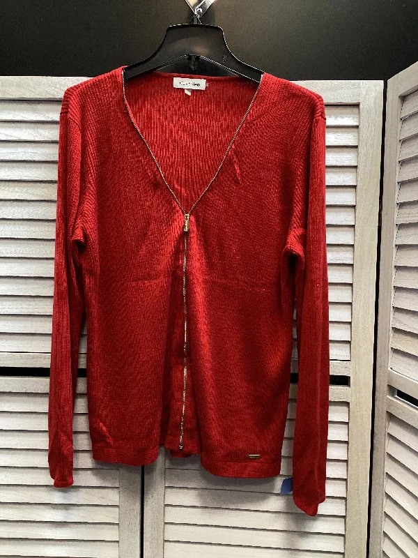 Women's Notched Collar SweatersCardigan By Calvin Klein In Red, Size: L