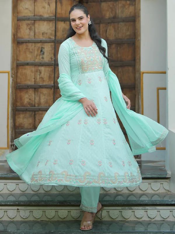 Women's Jumpsuits with Sweetheart CollarBlue Embroidered Cotton A-line Kurta With Trousers & Dupatta