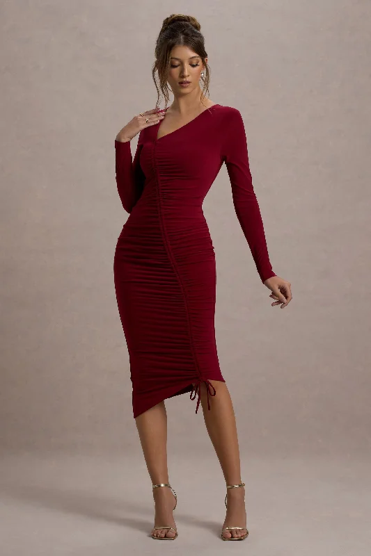 Women's V-Shaped-Neck DressesLilia | Berry Ruched Asymmetric Midi Dress