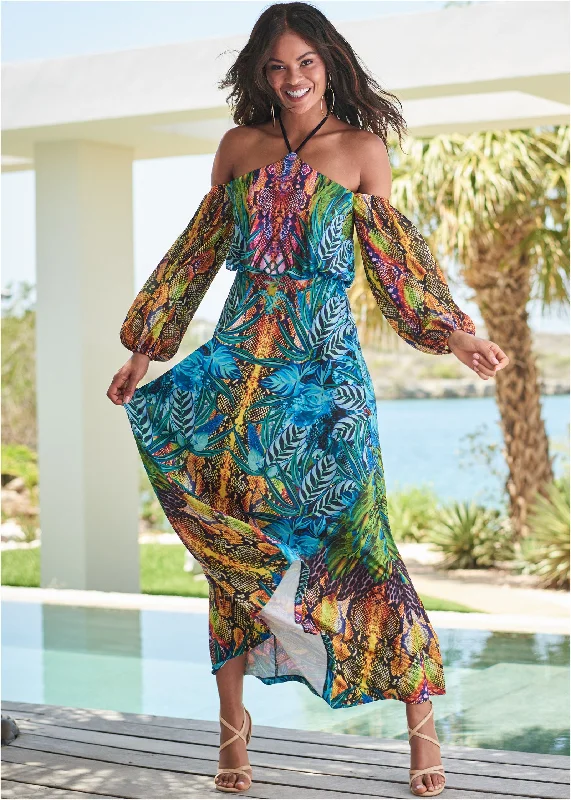 Women's U-Shaped Collar DressesPrinted Maxi Dress - Blue Multi