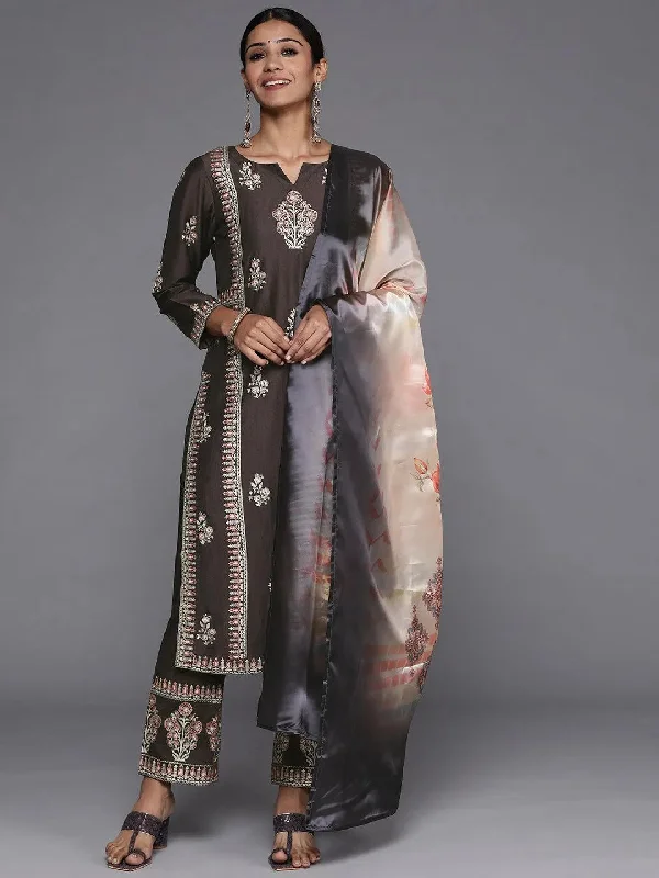 Women's Jumpsuits with Boat CollarCharcoal Printed Silk Blend Straight Kurta With Dupatta