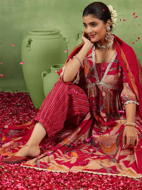 Women's Jumpsuits with Shawl CollarRed Printed Silk Blend A-Line Kurta With Salwar & Dupatta