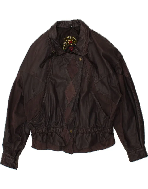 Women's Coats with Fur Trimmed ZipperVINTAGE Womens Leather Jacket IT 44 Medium Brown Argyle/Diamond