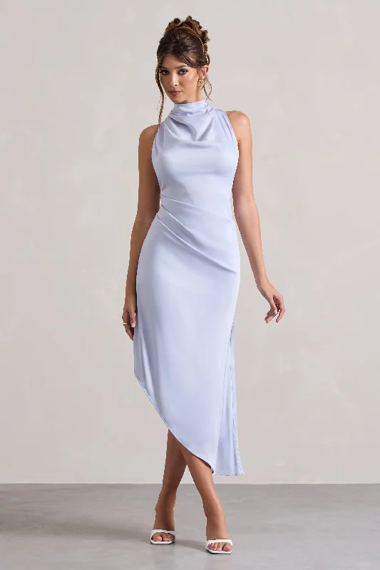 Women's Empire Waist DressesSophina | Sky Blue Satin Cowl-Neck Asymmetric Midi Dress