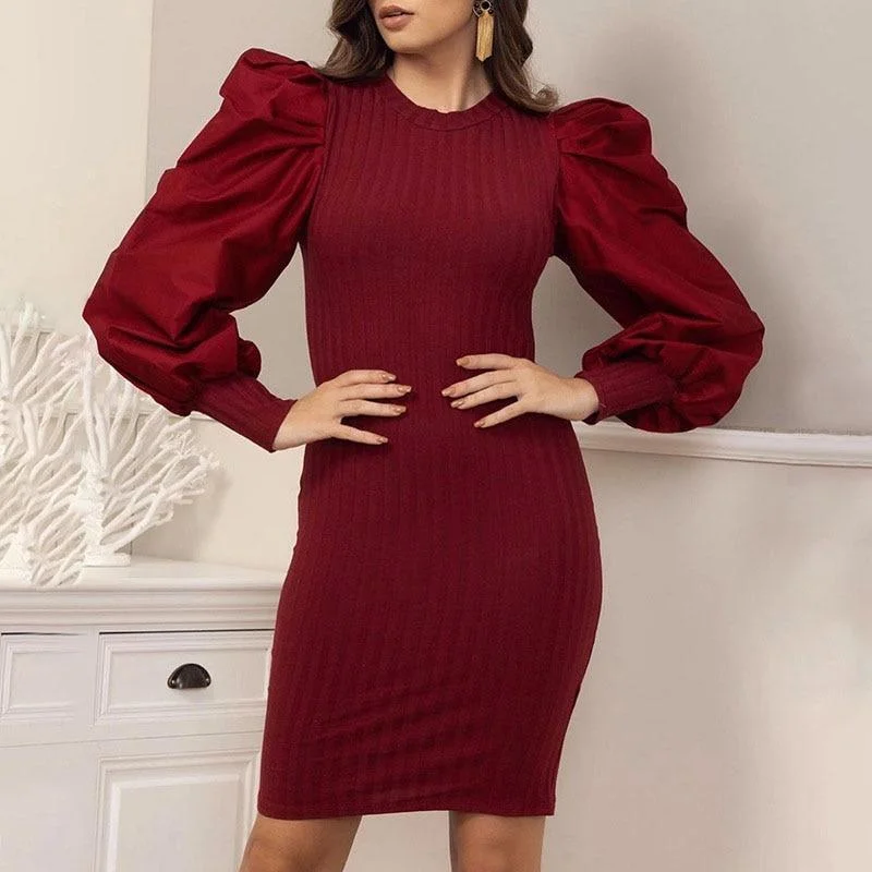 Women's U-Shaped Collar DressesFashionSierra - Mock Neck Puff Sleeve Bodycon Dress Women Solid Ribbed Long Sleeve Winter Dress Skinny Elegant Party Dress