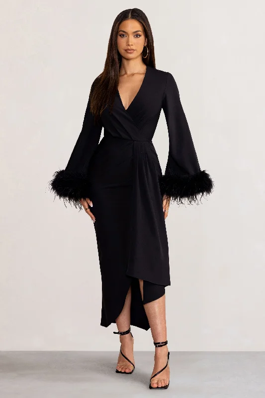 Women's Notched Collar DressesJenna | Black Plunge Midi Dress with Feather Trim Wide Sleeves and Front Tie Drape