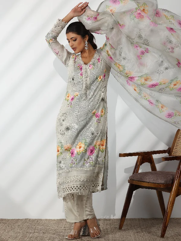 Women's Jumpsuits with Shawl CollarGrey Printed Silk Blend Straight Suit With Dupatta