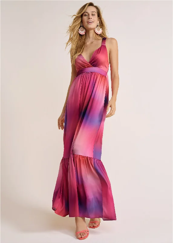 Women's Shirt Collar DressesTie-Dye Tie-Back Maxi Dress - Pink Multi