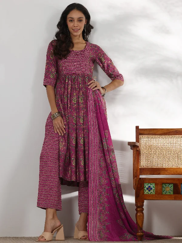 Women's Jumpsuits with High CollarPink Printed Silk Blend A-Line Kurta With Trousers & Dupatta