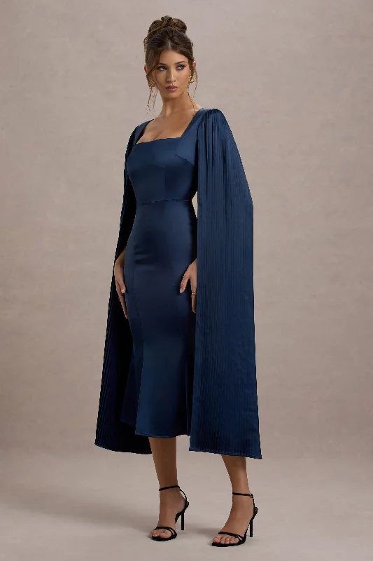 Women's Wrap DressesNalda | Navy Square-Neck Midi Dress With Cape Sleeves