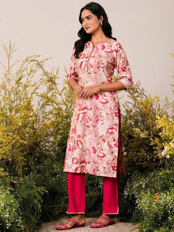 Women's Jumpsuits with PocketsPink Printed Silk Blend Straight Kurta Set