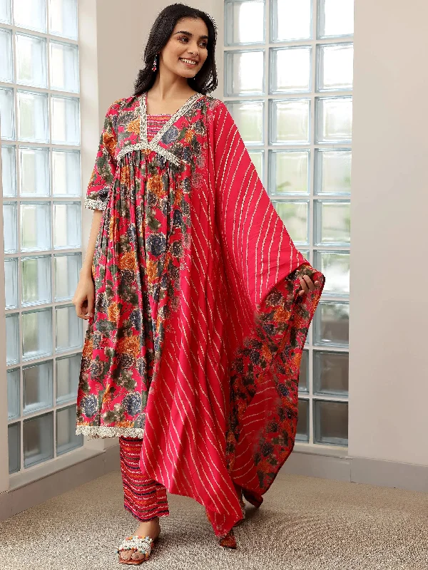 Women's Jumpsuits with CollarPink Printed Silk Blend A-Line Kurta With Trousers & Dupatta