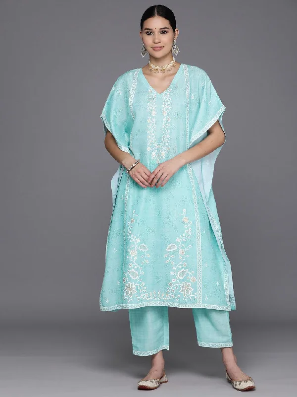 Women's Short-Sleeve JumpsuitsSea Green Printed Silk Blend Kaftan Kaftan With Trousers