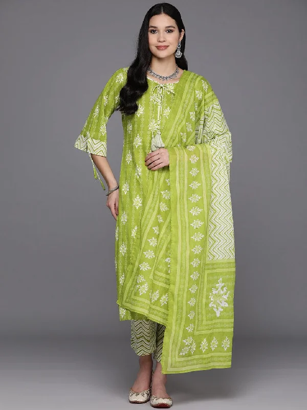 Women's Jumpsuits with Low CollarLime Green Printed Cotton Straight Kurta With Trousers & Dupatta