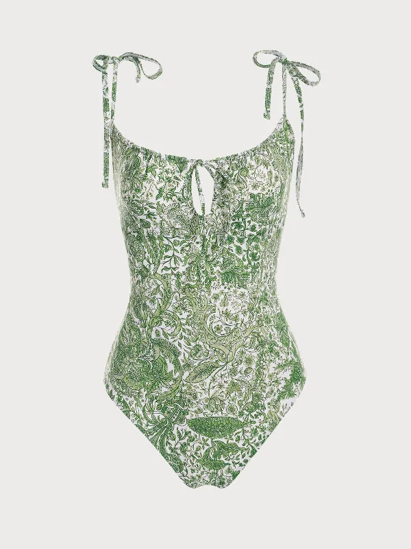 Retro Floral Drawstring Ruched One-Piece Swimsuit