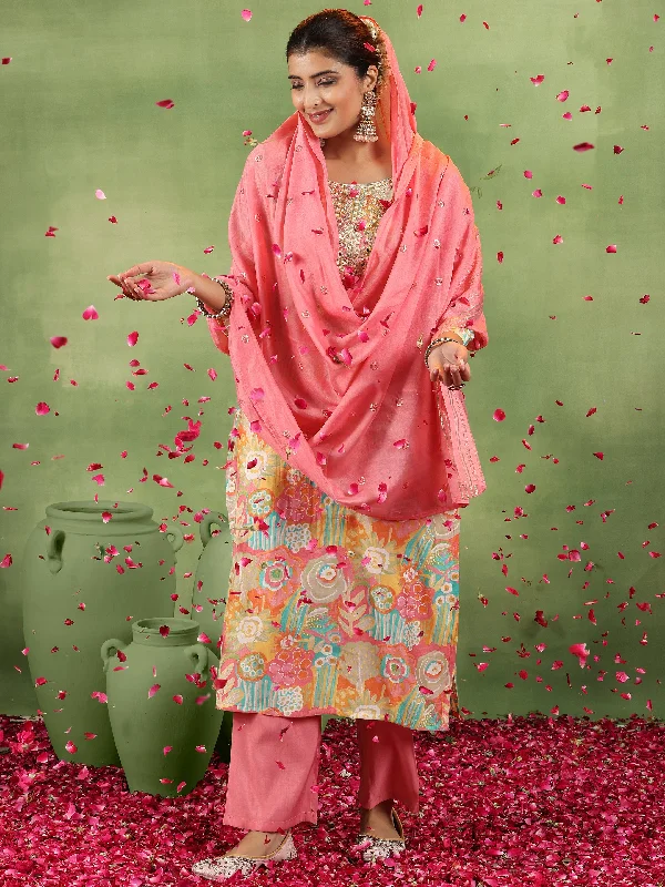 Women's Jumpsuits with Low WaistPink Printed Silk Blend Straight Suit With Dupatta