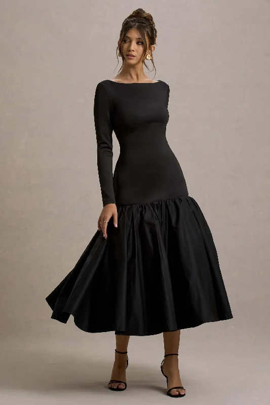 Women's U-Shaped Collar DressesPerpetua | Black Drop-Waist Midi Dress With Volume Skirt