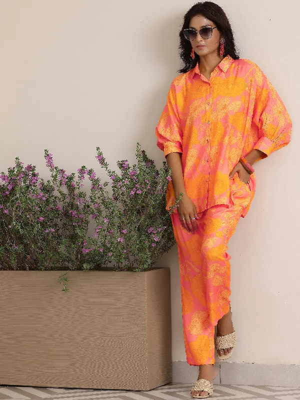 Women's Jumpsuits with Rounded CollarOrange Printed Silk Blend Co-Ords