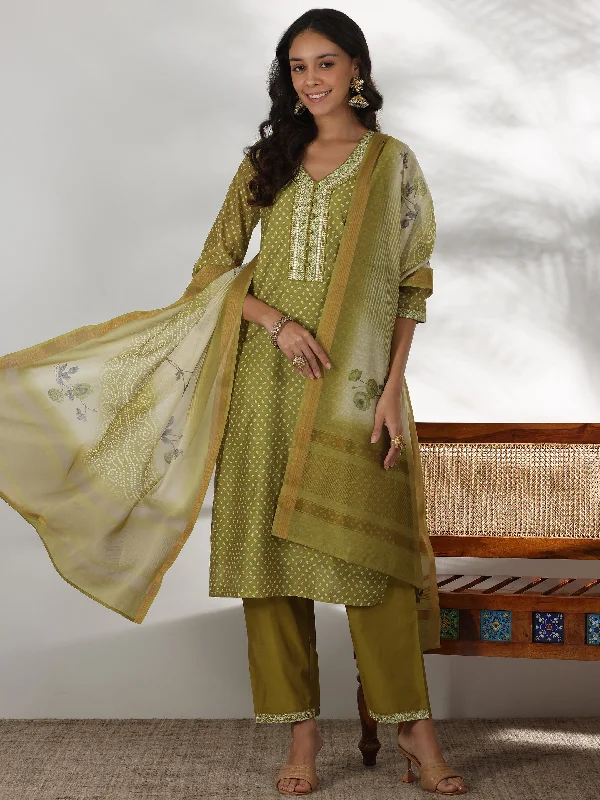 Women's Jumpsuits with Keyhole CollarGreen Printed Silk Blend Straight Suit With Dupatta