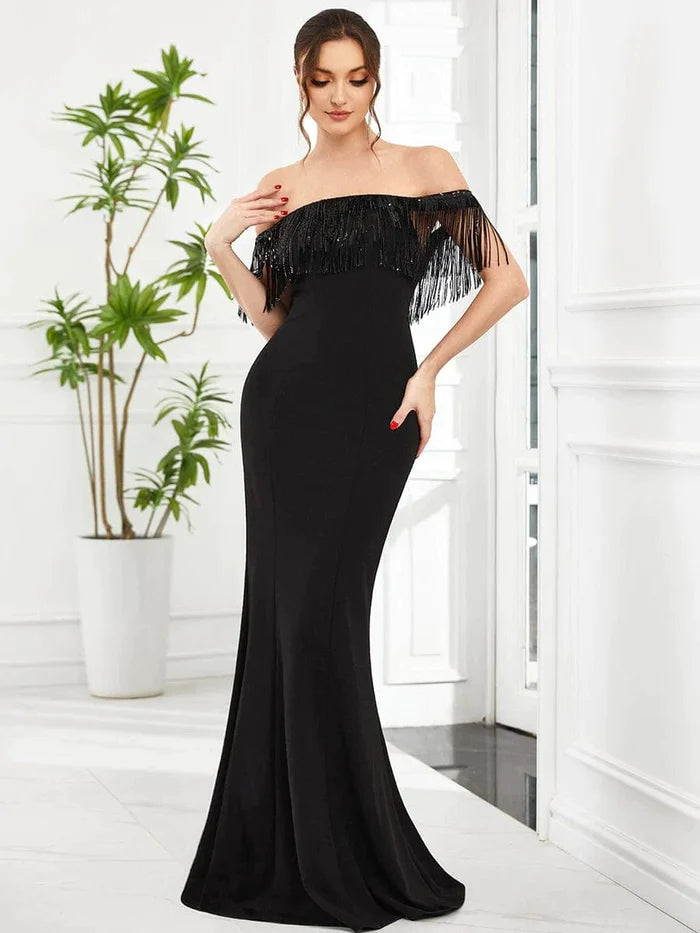 Women's Midi DressesFringe Off-Shoulder Beaded Bodycon Fishtail Evening Dress