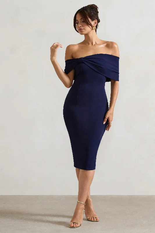 Women's Square Collar DressesAlyssa | Navy Bardot Bow Detail Midi Dress