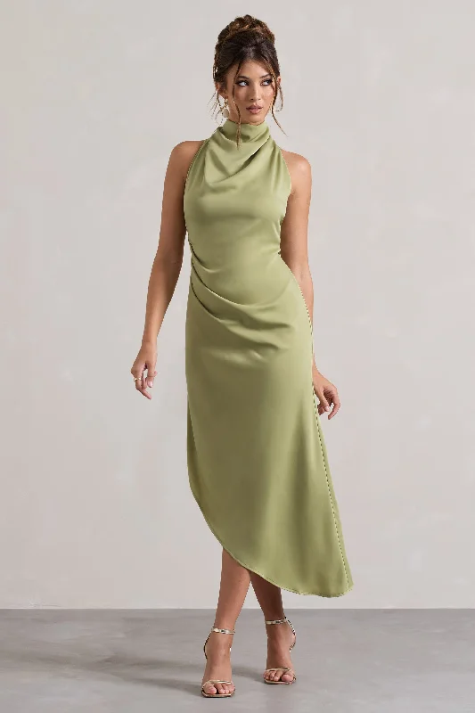 Women's Midi DressesSophina | Light Olive Satin Cowl-Neck Asymmetric Midi Dress