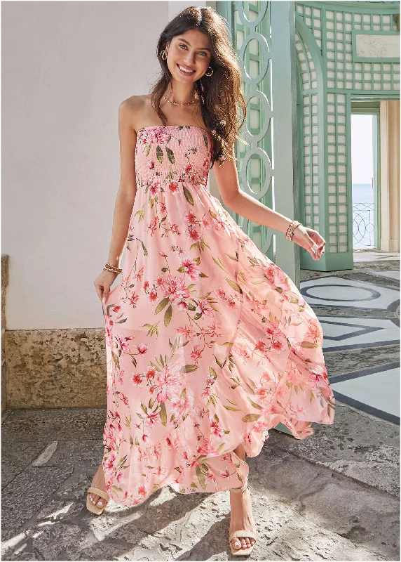 Women's Boat-Neck DressesStrapless Smocked Maxi - Ethereal Floral