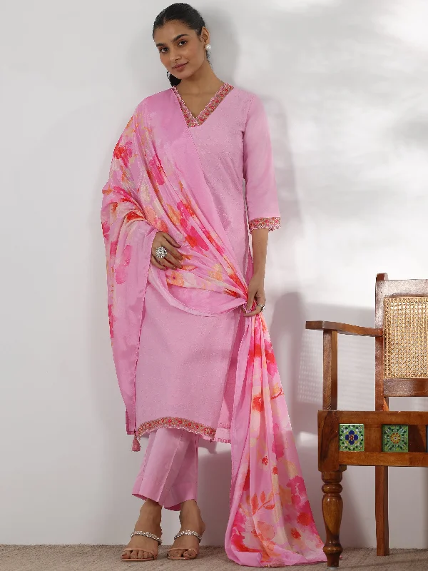 Women's Jumpsuits with Lapel CollarPink Embroidered Cotton Straight Suit With Dupatta