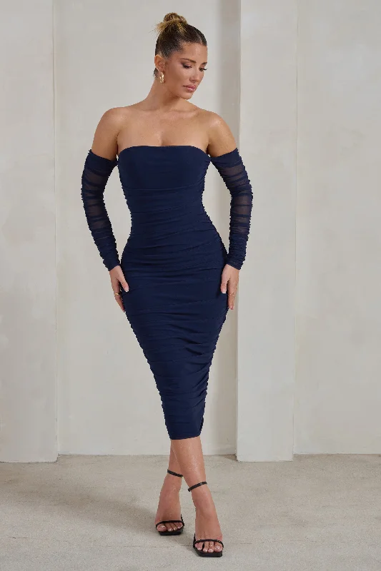 Women's Asymmetrical DressesSorella | Navy Ruched Mesh Bardot Midi Dress