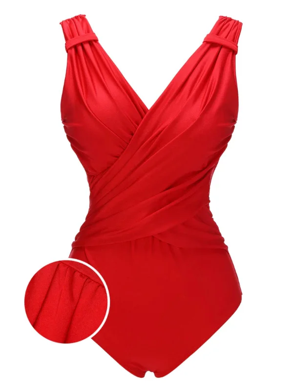 Red 1940s V-Neck Solid One-piece Swimsuit