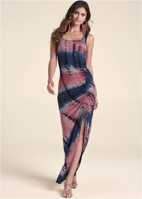 Women's Fit and Flare DressesTie-Dye Maxi Dress - Navy & Coral