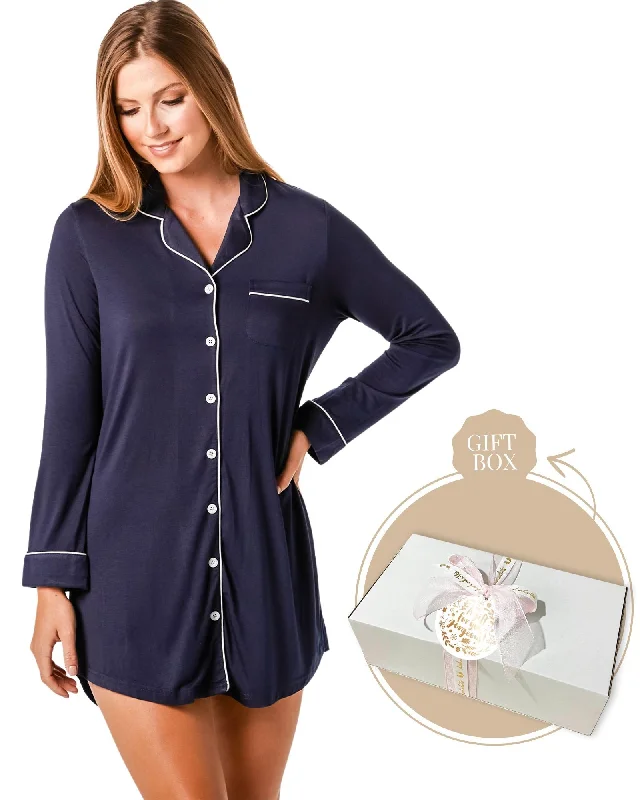 women's button-down pajama shirtsBamboo Night Shirt + Candle Gift Box Navy