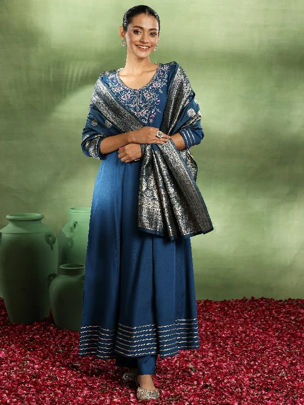 Women's Jumpsuits with Capri LengthTeal Yoke Design Rayon Anarkali Suit With Dupatta