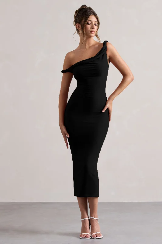 Women's High Collar DressesSalome | Black Twisted Asymmetric Midi Dress