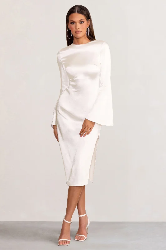 Women's Round-Neck DressesZaina | White Long Sleeve Midi Dress with High Neckline