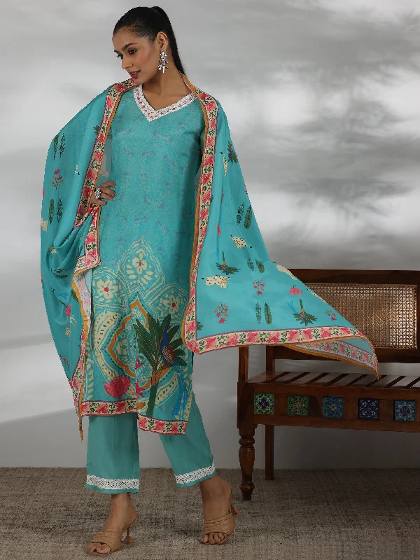 Women's Jumpsuits with Tapered LegTurquoise Printed Cotton Blend Straight Suit With Dupatta