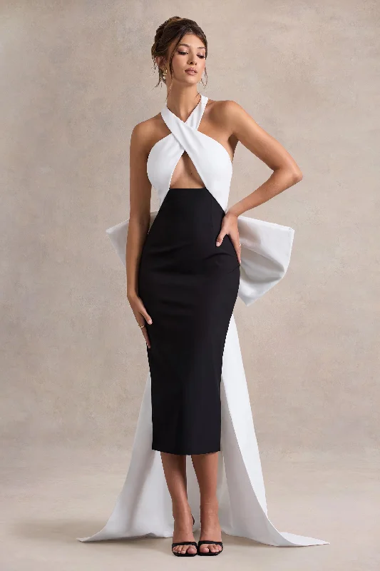 Women's Rounded-Neck DressesBlanca | Black & White Halter-Neck Cut-Out Midi Dress With Oversized Bow