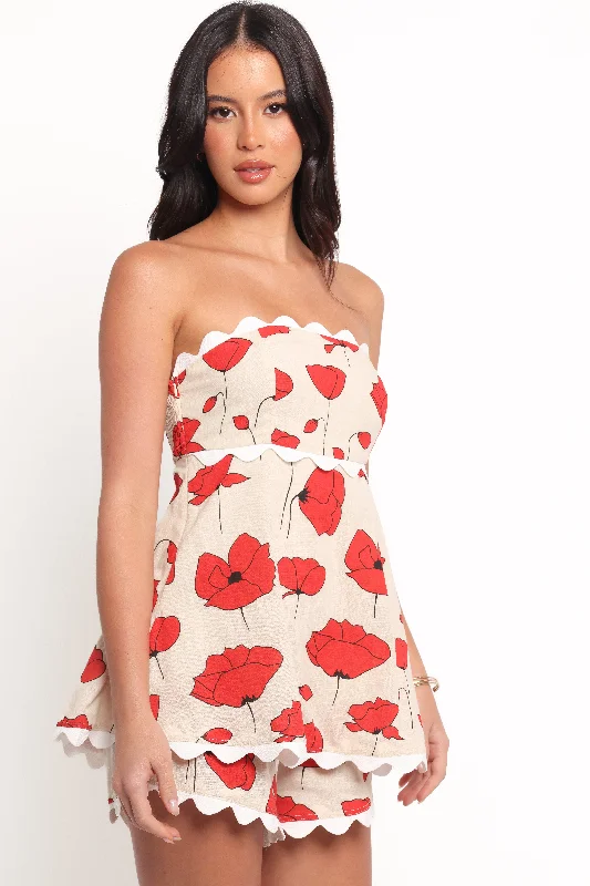 Women's Jumpsuits with Wide CollarRomia Strapless Playsuit - Red Beige Poppy