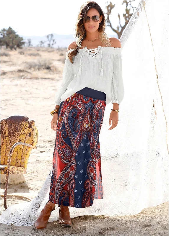 Women's Low-Neck DressesBatik Printed Maxi Skirt - Navy Multi