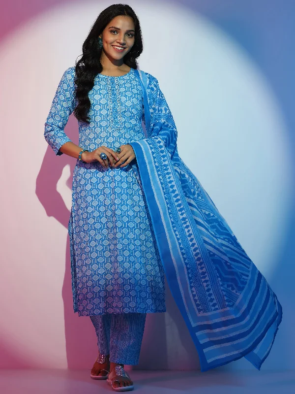 Women's Jumpsuits with Notched CollarBlue Printed Cotton Straight Suit With Dupatta