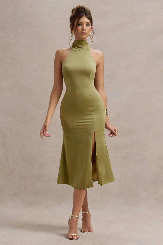 Women's Cap-Sleeve DressesViolette | Olive Satin High-Neck Split Midi Dress