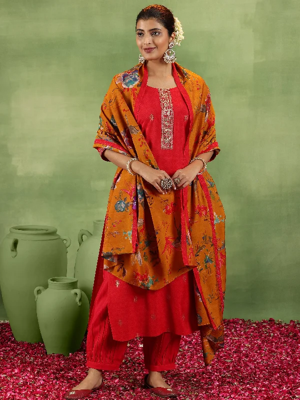 Women's Sleeveless JumpsuitsRed Printed Silk Blend Straight Suit With Dupatta