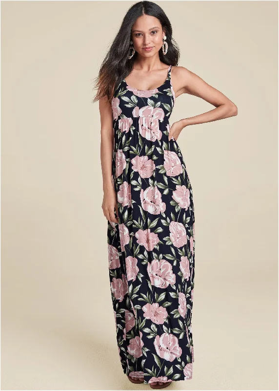 Women's Fit and Flare DressesFloral Printed Maxi Dress - Navy Multi