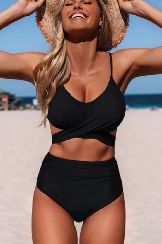 Black and High Waist Tie Back Bikini Set