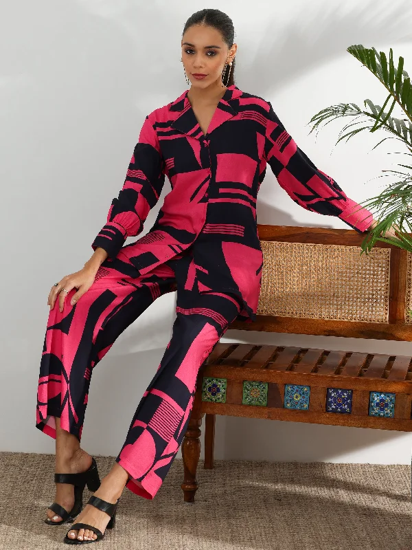 Women's Jumpsuits with Boat CollarPink Printed Rayon Co-Ords