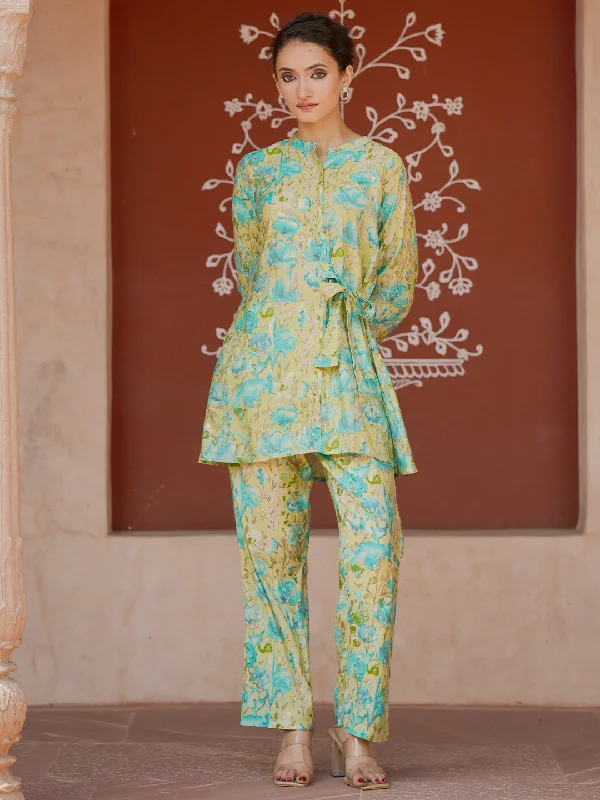 Women's Jumpsuits with Rounded CollarGreen Printed Silk Blend Co-Ords