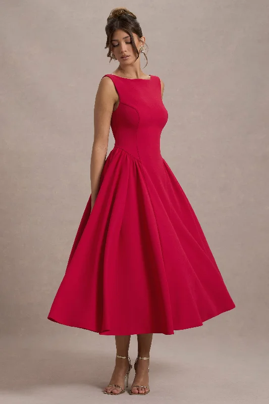 Women's Boat-Neck DressesMuriel | Red Boat-Neck Volume-Hem Midi Dress