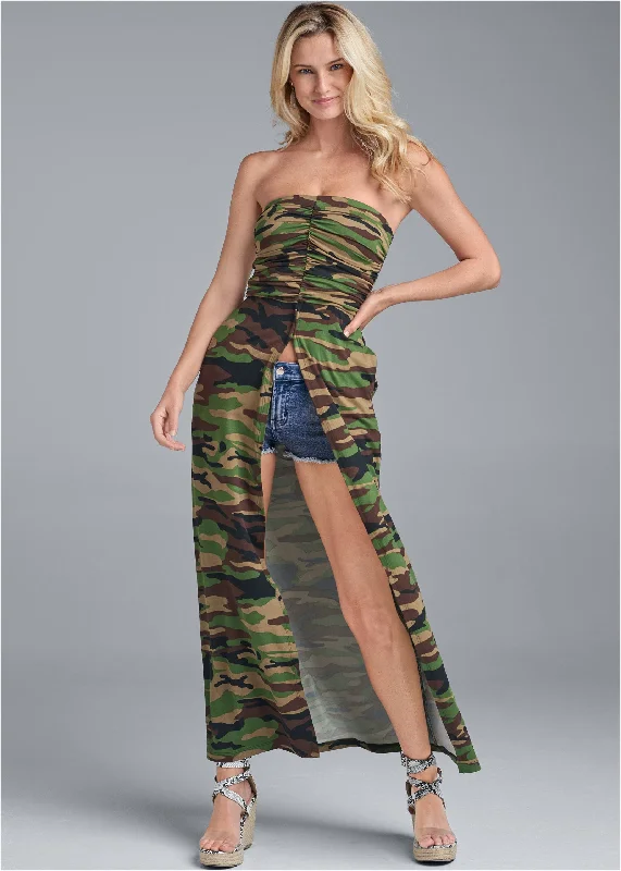 Women's Collarless DressesCamo Maxi Top - Olive Multi