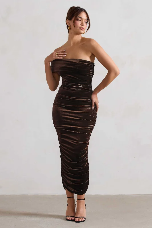 Women's Boat Collar DressesRemember Me | Chocolate Velvet Ruched Asymmetric Bodycon Midi Dress