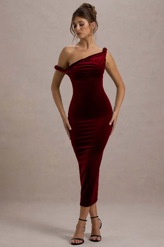 Women's Gathered DressesCarella | Berry Velvet Twisted Asymmetric Midi Dress